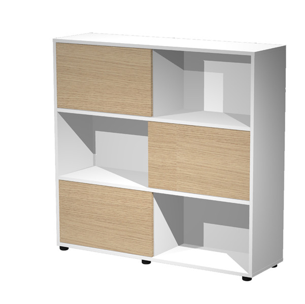 Libreria bassa Tetris a 3 ripiani ante scorrevoli - 120x35x116 cm - rovere/bianco