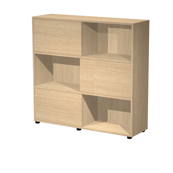 Libreria bassa Tetris a 3 ripiani ante scorrevoli - 120x35x116 cm - rovere/rovere