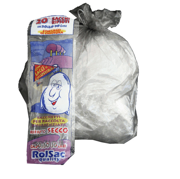 Sacchi - 50 x 60 cm - 30 L - 16 micron - MDPE/HDPE - trasparente neutro - Rolsac - conf. 20 pezzi