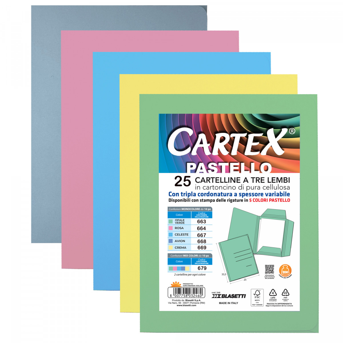 Cartellina 3 lembi con stampa Cartex - 200 gr - A4 - colori assortiti - Blasetti - conf. 25 pezzi
