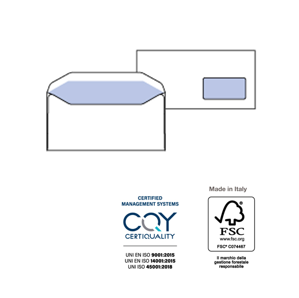 Busta SILVER MATIC LUX FSC  - gommata - bianca - con finestra - 110 x 230 mm - 80 gr - Pigna - conf. 500 pezzi