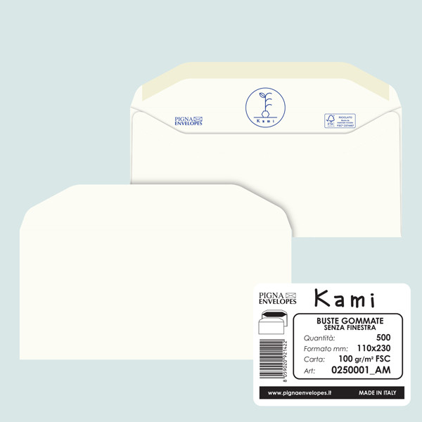 Busta Kami Gommata - senza finestra - 11 x 23 cm - 100 gr - carta riciclata FSC - bianco - Pigna Envelopes - conf. 500 pezzi