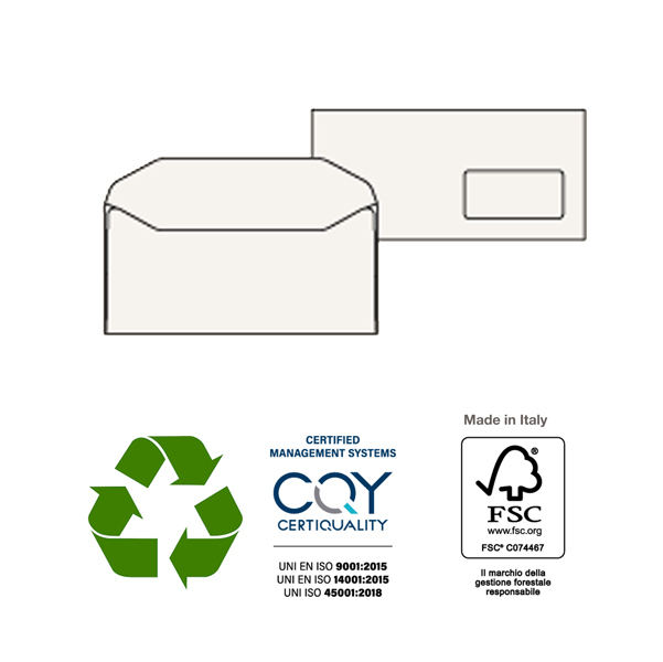 Busta KAMI GOMMATE - bianca - carta riciclata FSC  - con finestra - 110 x 230 mm - 100 gr - Pigna - conf. 500 pezzi