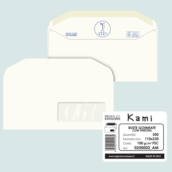 Busta Kami Gommata - con finestra - 11 x 23 cm - 100 gr - carta riciclata FSC - bianco - Pigna Envelopes - conf. 500 pezzi
