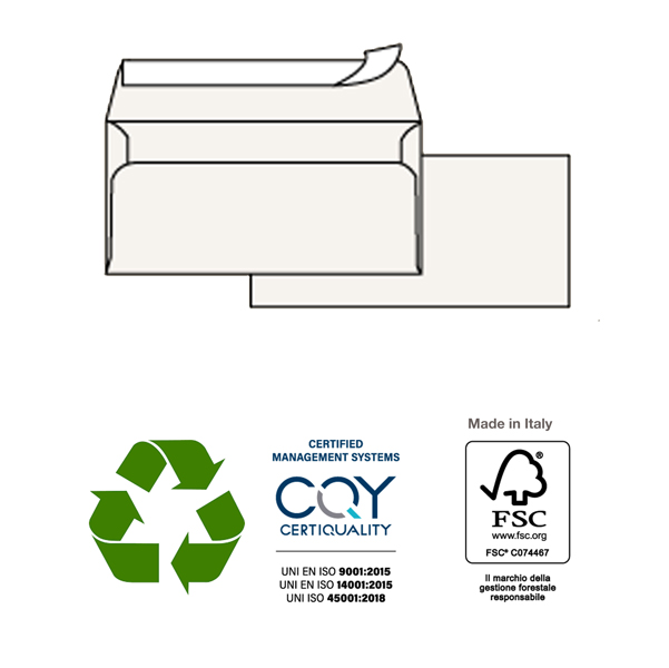 Busta KAMI STRIP - bianca - carta riciclata FSC  - senza finestra - 110 x 230 mm - 100 gr - Pigna - conf. 500 pezzi