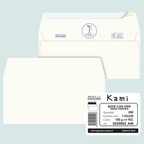 Busta a sacco Kami Strip - senza finestra - 11 x 23 cm - 100 gr - carta riciclata FSC - bianco - Pigna Envelopes - conf. 500 pezzi