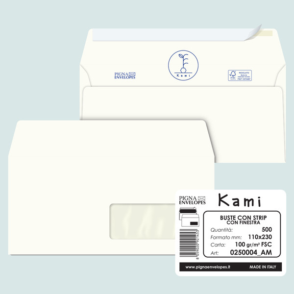 Busta a sacco Kami Strip - con finestra - 11 x 23 cm - 100 gr - carta riciclata FSC - bianco - Pigna Envelopes - conf. 500 pezzi