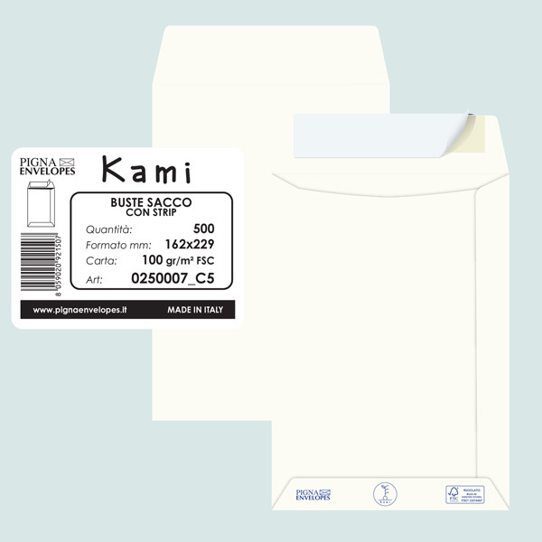 Busta a sacco Kami Strip - 16,2 x 22,9 cm - 100 gr - carta riciclata FSC - bianco - Pigna Envelopes - conf. 500 pezzi