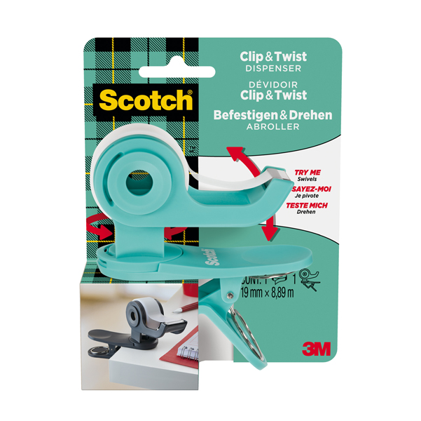 Dispenser Clip  Twist per nastro adesivo - menta - rotolo incluso da 19 mm x 9,8 mt - Scotch  Magic