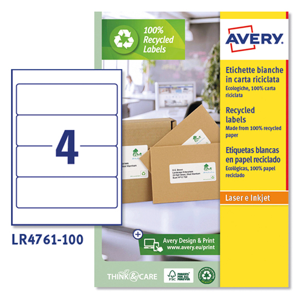 Etichette per raccoglitori in carta riciclata - 61 x192 mm - 4 et/ fg - bianca - laser - Avery - conf. 100 fogli