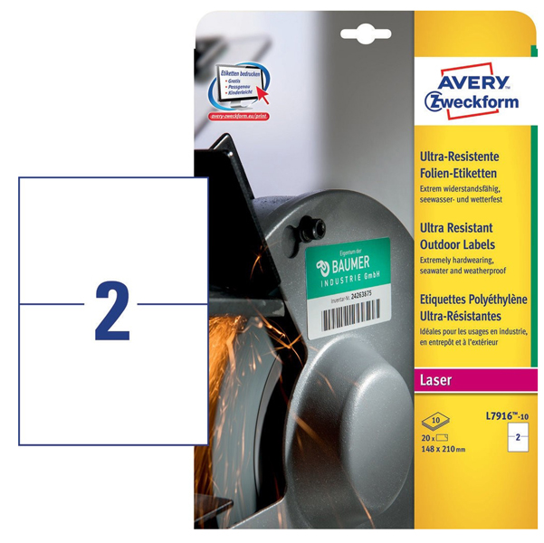 Etichette in polietilene per protezione e sicurezza - 210 x 148 mm - bianche - laser - 10 fogli - 2 et /fg - Avery