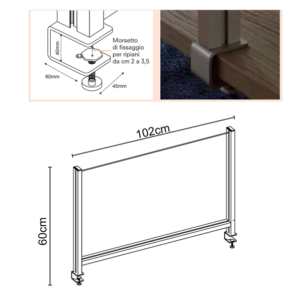 Schermo protettivo da scrivania - con morsetto in alluminio - 60x102 cm - Studio T