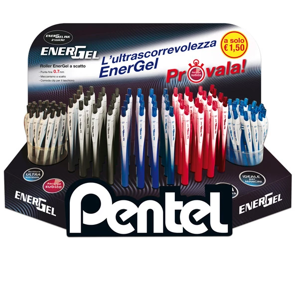 Roller Energel Slim - punta 0,7 mm - 3 colori assortiti (blu/nero/rosso - Pentel - expo 120 pezzi