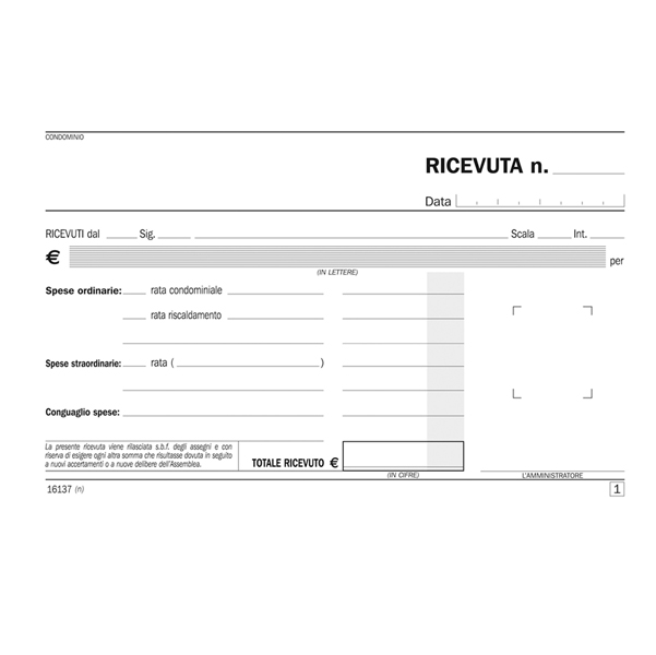 Blocco ricevute condominio - 50/50 copie autoricalcanti - 16,8 x 10 cm - DU161370000 - Data Ufficio