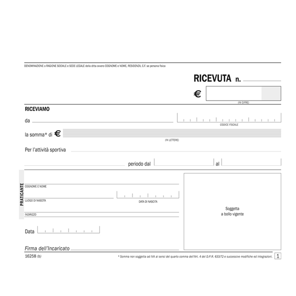 Blocco ricevute pagamento per attivitA' sportive dilettantistiche - 50/50 copie autoricalcanti - 11,5 x 16,5 cm - DU1625800 - Data Ufficio