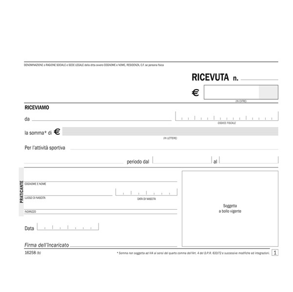 Blocco ricevute pagamento per attivit&agrave; sportive dilettantistiche - 50/50 copie autoricalcanti - 11,5 x 16,5 cm - DU1625800 - Data Ufficio