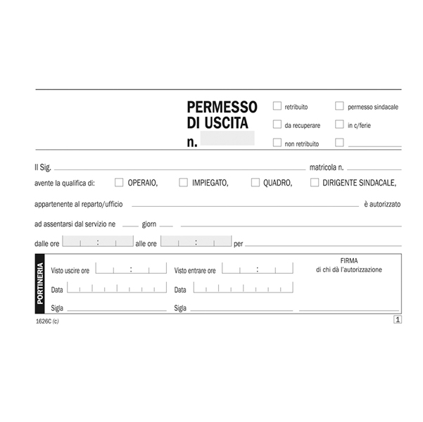Blocco permessi di uscita - 50/50 copie autoricalcanti - 10 x 16,8 cm - DU1626C0000 - Data Ufficio