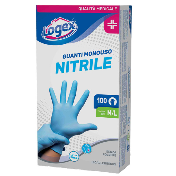 Guanti in nitrile non talcato - per uso medicale - taglia M/L - azzurro - Logex Professional - scatola 100 pezzi