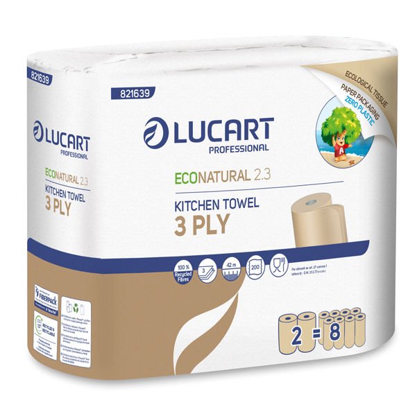 Asciugatutto EcoNatural 2.3 Plastic Free - 200 strappi - Lucart - pacco 2 rotoli