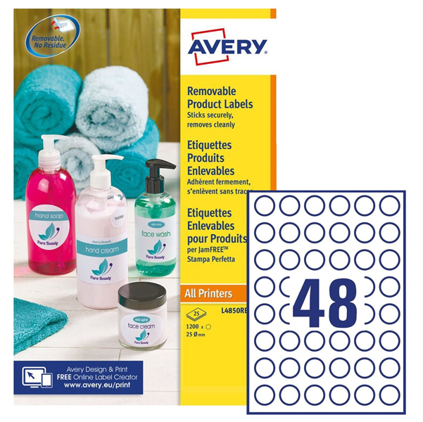 Etichette adesive L4850 - carta bianca - rimovibile - adatta per stampati laser/inkjet - D 25 mm - 48 etichette per foglio - Avery - conf. 25 fogli A4