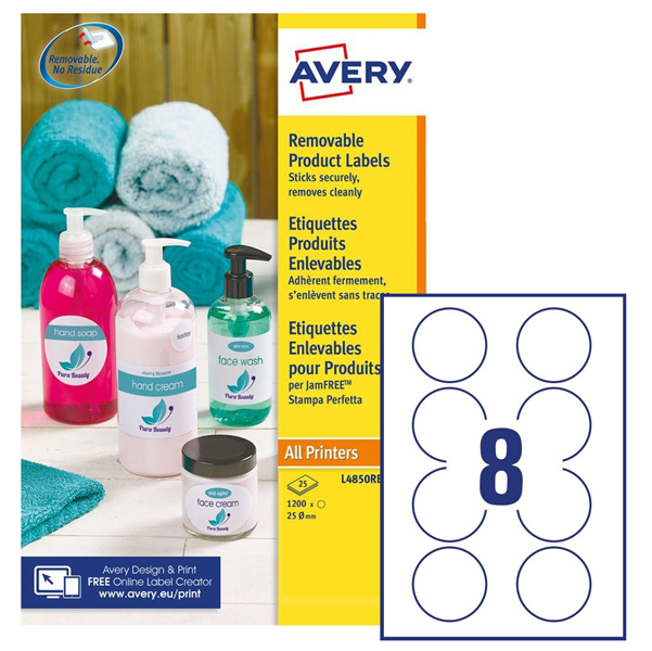Etichette adesive L4850 - carta bianca - rimovibile - adatta per stampati laser/inkjet - D 63,5 mm - 8 etichette per foglio - Avery - conf. 25 fogli A4