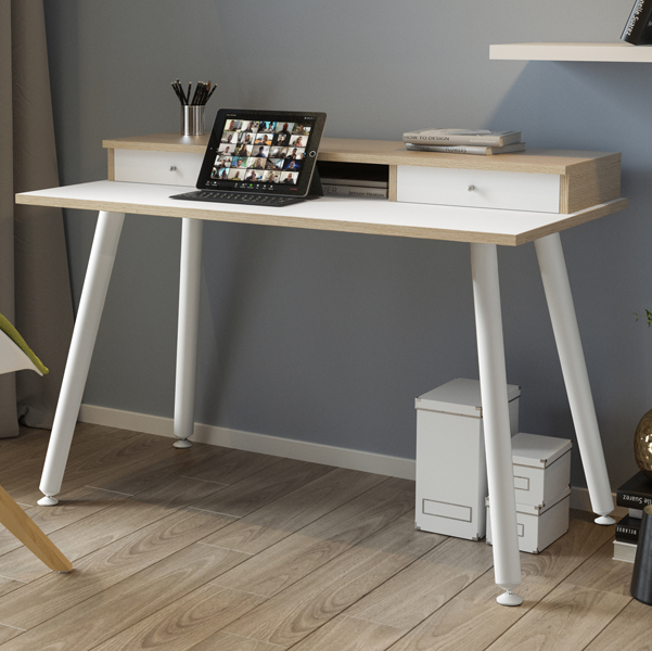 Postazione Home-Office - con sopralzo - gambe in metallo -120 x 60 x H 74,4 cm - bianco / rovere - Artexport