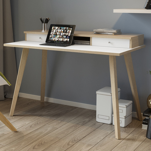 Postazione Home-Office - con sopralzo - gambe in legno -120 x 60 x H 74,4 cm - bianco / rovere