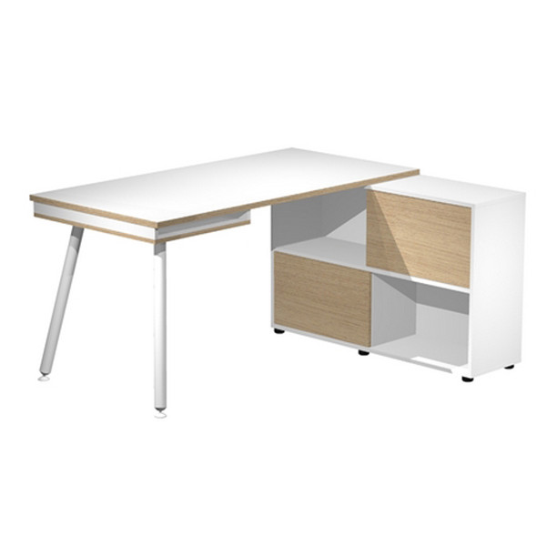 Workstation Midi - gambe in metallo - 130 x 120 x H 81,5 cm - bianco / rovere