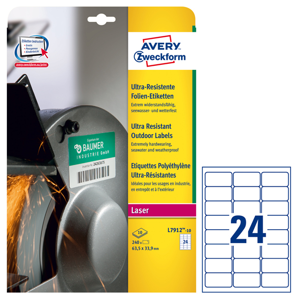 Etichette bianche in polietilene - per stampanti laser - 63,5 x 33,9 mm - 10 fogli - 24 et/fg - Avery