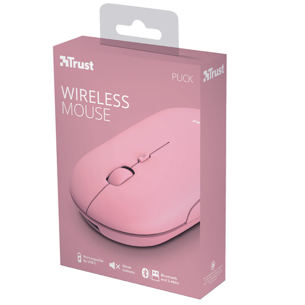 Mouse Puck - ultrasottile - wireless - ricaricabile - rosa - Trust