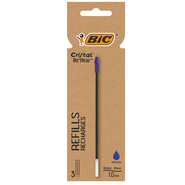 Refill sfera Cristal Re'New - punta 1 mm - blu - BIC - blister 3 pezzi