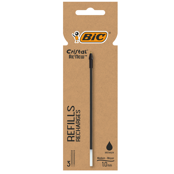 Refill sfera Cristal Re'New - punta 1 mm - nero - BIC - blister 3 pezzi