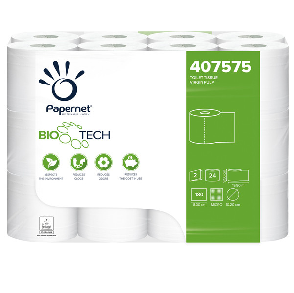Carta igienica classica Bio Tech - 180 strappi - 2 veli - 19,80 mt - Papernet - conf. 24 rotoli