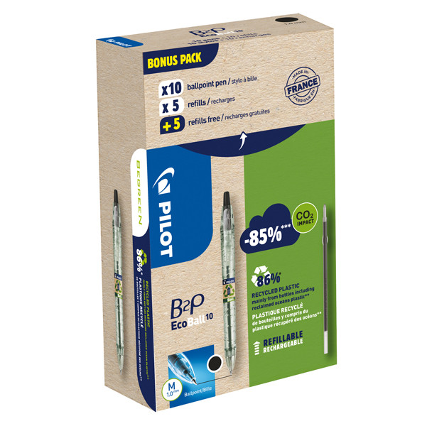 Penna a sfera scatto B2P Ecoball BeGreen - punta 1.0 mm - 10 refill B2P inclusi - nero - Pilot - conf. 10 pezzi