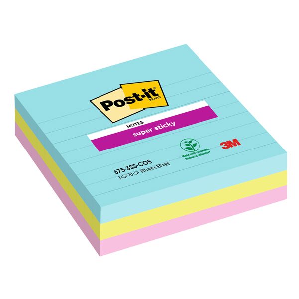 Blocco Post it Super Sticky - 675-3SS-COS - a righe - 101 x 101 mm - colori Cosmic - 70 fogli - Post it - conf. 3 pezzi