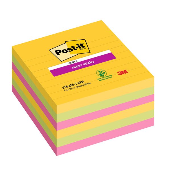 Blocco Post it Super Sticky - 675-6SS-CARN - a righe - 101 x 101 mm - colori Carnival - 90 fogli - Post it - conf. 6 pezzi