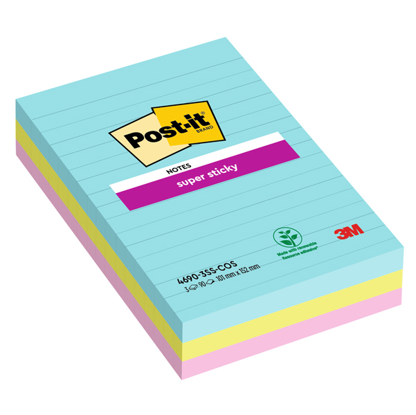 Blocco Post it Super Sticky - 4690-SS3COS - a righe - 101 x 152 mm - colori Cosmic - 90 fogli - Post it - conf. 3 pezzi