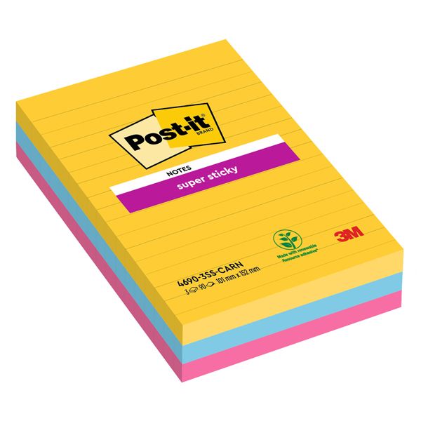 Blocco Post it Super Sticky - 4690-3SS-CARN - a righe - 101 x 152 mm - colori Carnival - 90 fogli - Post it - conf. 3 pezzi