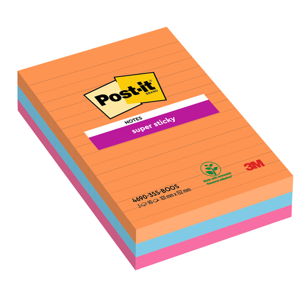 Blocco Post it Super Sticky - 4690-3SS-BOOS - a righe - 101 x 152 mm - colori Boost - 90 fogli - Post it - conf. 3 pezzi