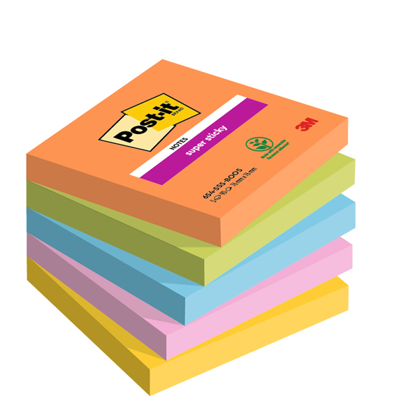 Blocco Post it  Super Sticky - 654-5SS-BOOS - 76 x 76 mm - colori Boost - 90 fogli - Post it  - conf. 5 pezzi