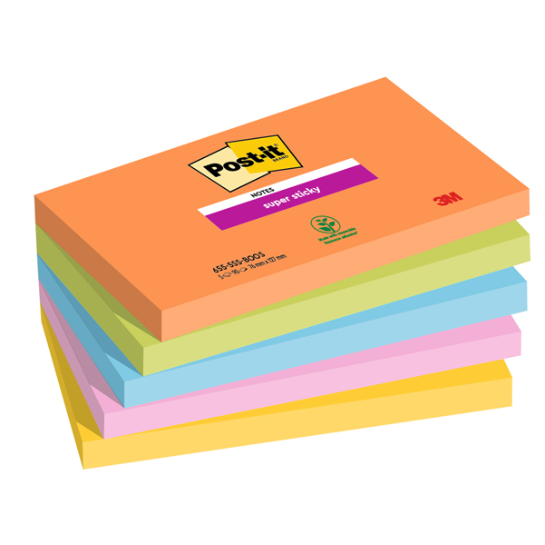Blocco Post it Super Sticky - 654-5SS-OAS - 76 x 127 mm - colori Boost - 90 fogli - Post it - conf. 5 pezzi