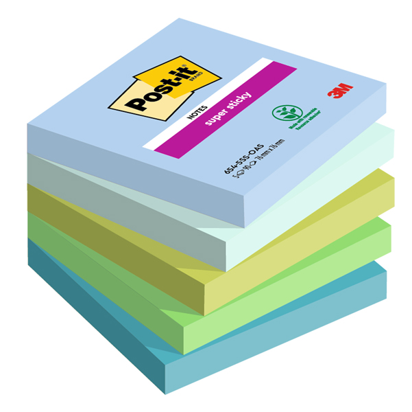 Blocco Post it Super Sticky - 654-5SS-OAS - 76 x 76 mm - colori Oasis - 90 fogli - Post it - conf. 5 pezzi