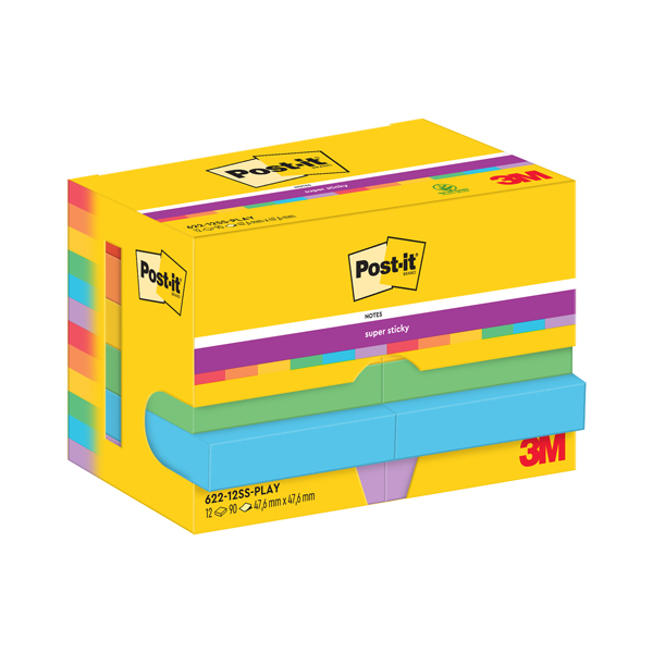 Blocco Post it Super Sticky - 622-12SS-PLAY - 47,6 x 47,6 mm - colori Playful - 90 fogli - Post it - conf. 12 pezzi