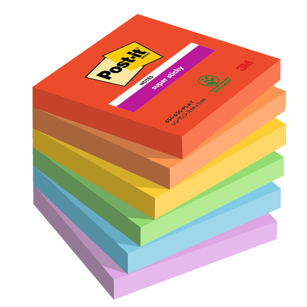 Blocco Post it Super Sticky - 654-6SS-PLAY - 76 x 76 mm - colori Playful - 90 fogli - Post it - conf. 6 pezzi