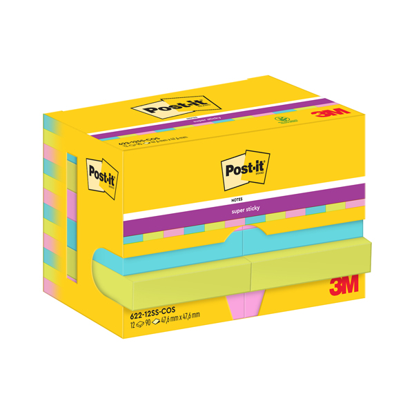 Blocco Post it Super Sticky - 655-6SS-PLAY - 47,6 x 47,6 mm - colori Cosmic - 90 fogli - Post it - conf. 12 pezzi