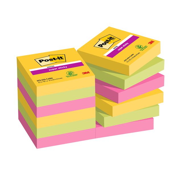 Blocco Post it Super Sticky - 622-12SS-CARN - 47,6 x 47,6 mm - colori Carnival - 90 fogli - Post it - conf. 12 pezzi