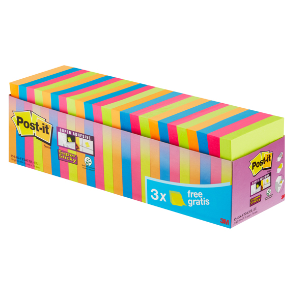 Blocco foglietti Post it Super Sticky - 654-SS-VP24COL - 76 x 76 mm - colori assortiti - 90 fogli - Post it - conf. 24 blocchi