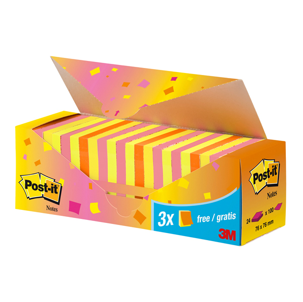 Blocco foglietti Post it Super Sticky - 654-NP24 - 76 x 76 mm - colori assortiti - 100 fogli - Post it - conf. 24 blocchi