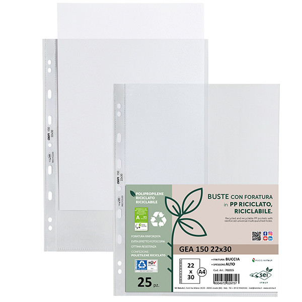 Buste forate Gea 150 - PP riciclato - buccia pesante - 22 x 30 cm - Sei rota - conf. 25 pezzi