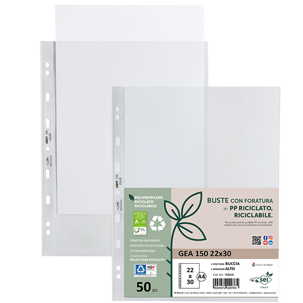 Buste forate Gea 150 - PP riciclato - buccia pesante - 22 x 30 cm - Sei rota - conf. 50 pezzi